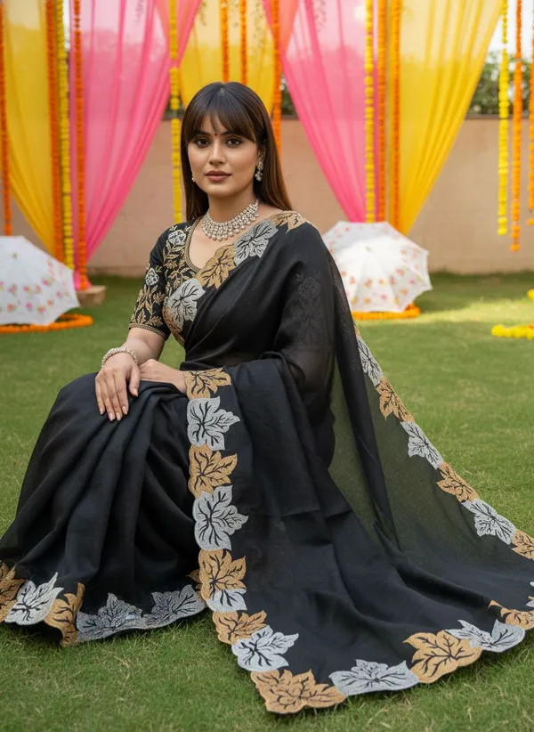 Black_Satin_Chiffon_Cut_Work_Embroidered_Saree_For_Women_|_With_Blouse_Piece