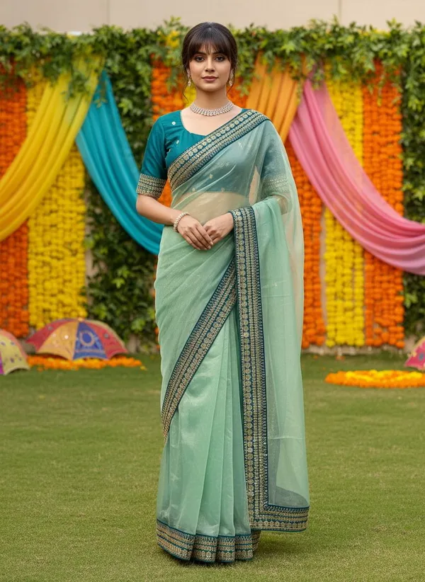 Light_Green_Satin_Embroidered_Sequin_Work_Saree_For_Women_|_With_Blouse_Piece