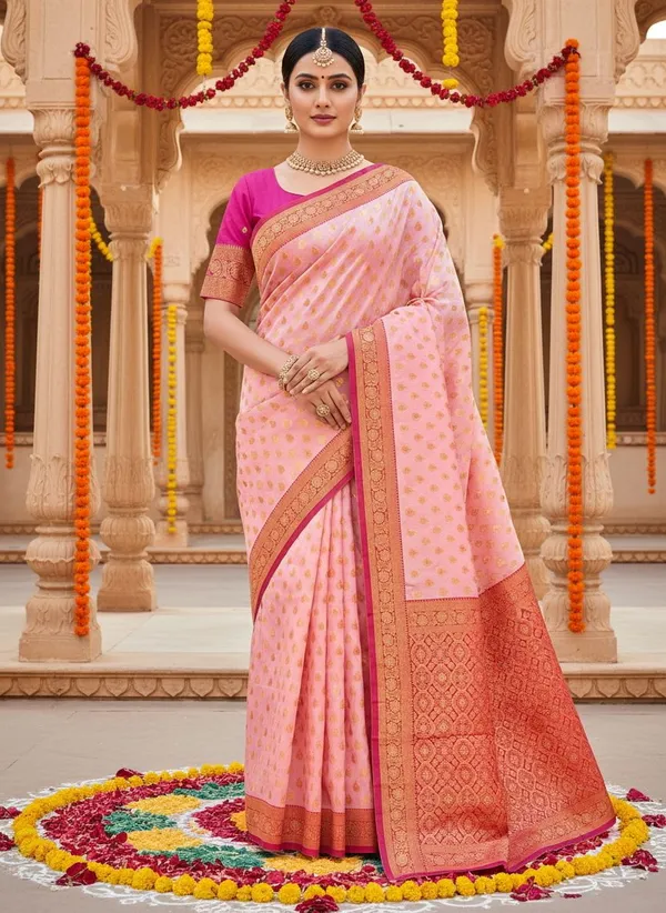 Pink_Georgette_Kanjivaram_Jacquard_Woven_Silk_Blend_Saree_For_Women_|_With_Blouse_Piece