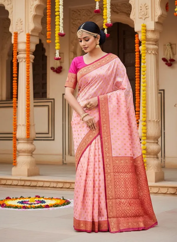 Pink_Georgette_Kanjivaram_Jacquard_Woven_Silk_Blend_Saree_For_Women_|_With_Blouse_Piece