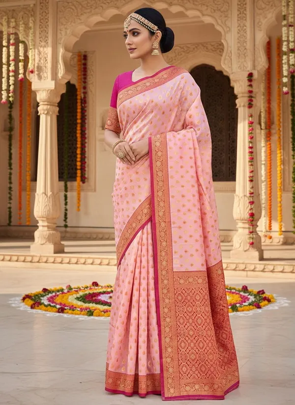 Pink_Georgette_Kanjivaram_Jacquard_Woven_Silk_Blend_Saree_For_Women_|_With_Blouse_Piece