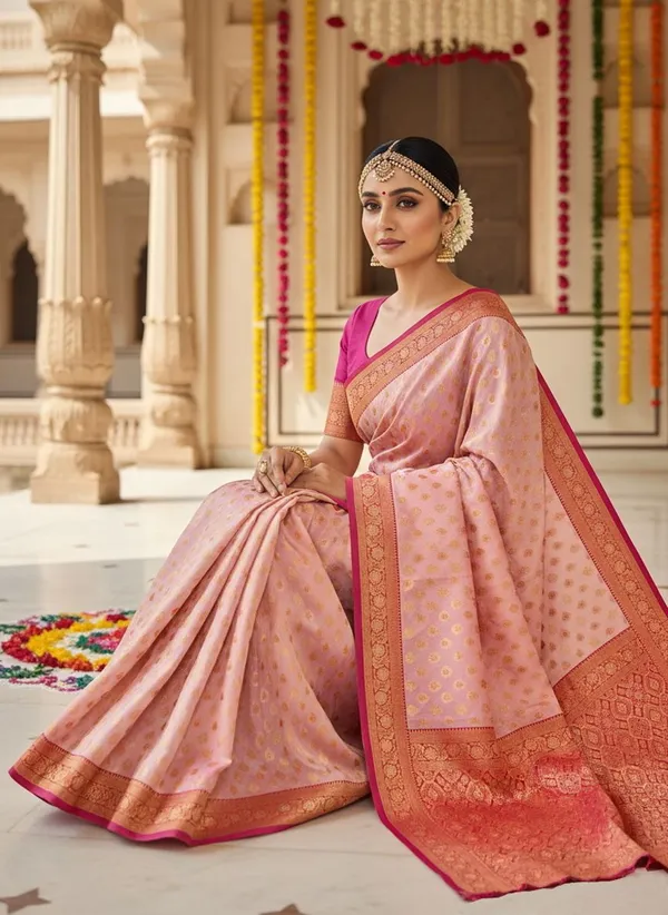 Pink_Georgette_Kanjivaram_Jacquard_Woven_Silk_Blend_Saree_For_Women_|_With_Blouse_Piece