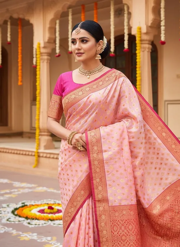 Pink_Georgette_Kanjivaram_Jacquard_Woven_Silk_Blend_Saree_For_Women_|_With_Blouse_Piece