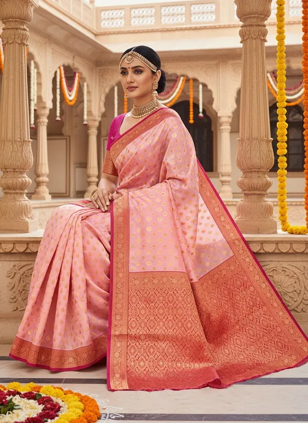 Pink_Georgette_Kanjivaram_Jacquard_Woven_Silk_Blend_Saree_For_Women_|_With_Blouse_Piece
