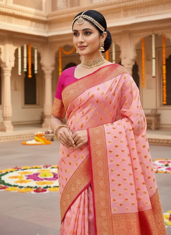Pink_Georgette_Kanjivaram_Jacquard_Woven_Silk_Blend_Saree_For_Women_|_With_Blouse_Piece