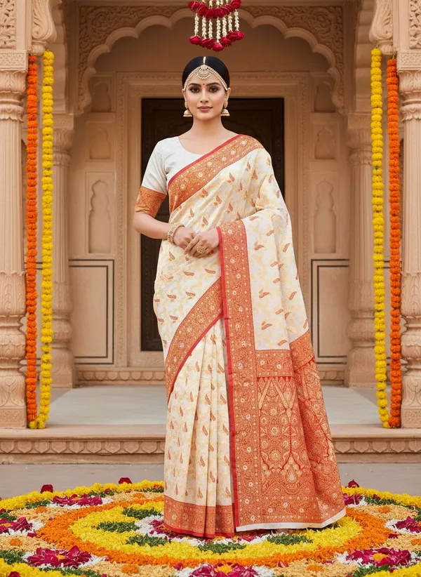 White_Red_Kanjivaram_Silk_Blend_Jacquard_Woven_Saree_For_Women_|_With_Blouse_Piece