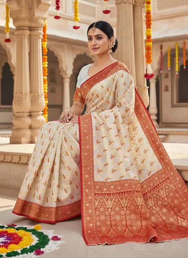 White_Red_Kanjivaram_Silk_Blend_Jacquard_Woven_Saree_For_Women_|_With_Blouse_Piece