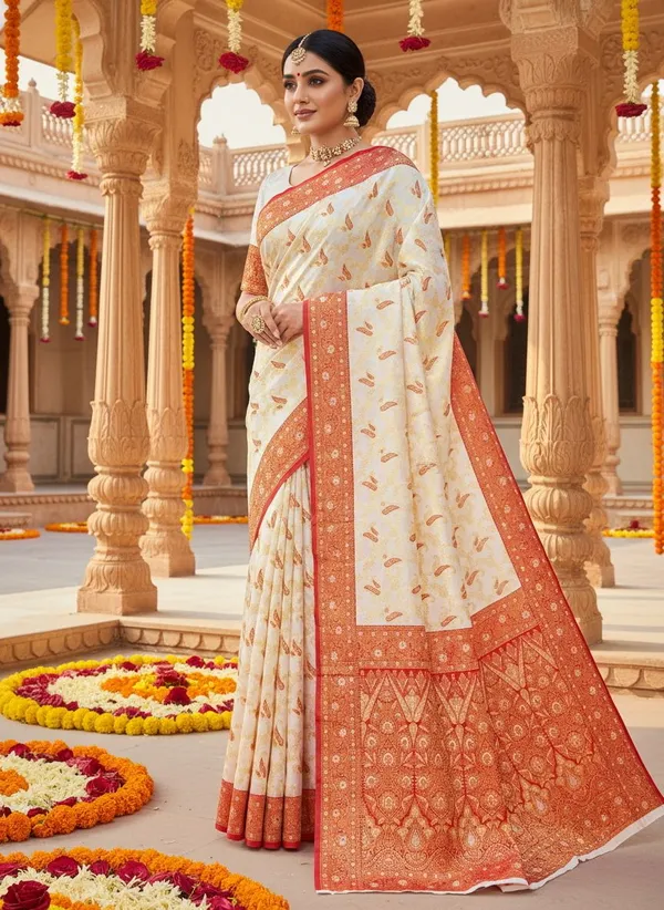 White_Red_Kanjivaram_Silk_Blend_Jacquard_Woven_Saree_For_Women_|_With_Blouse_Piece