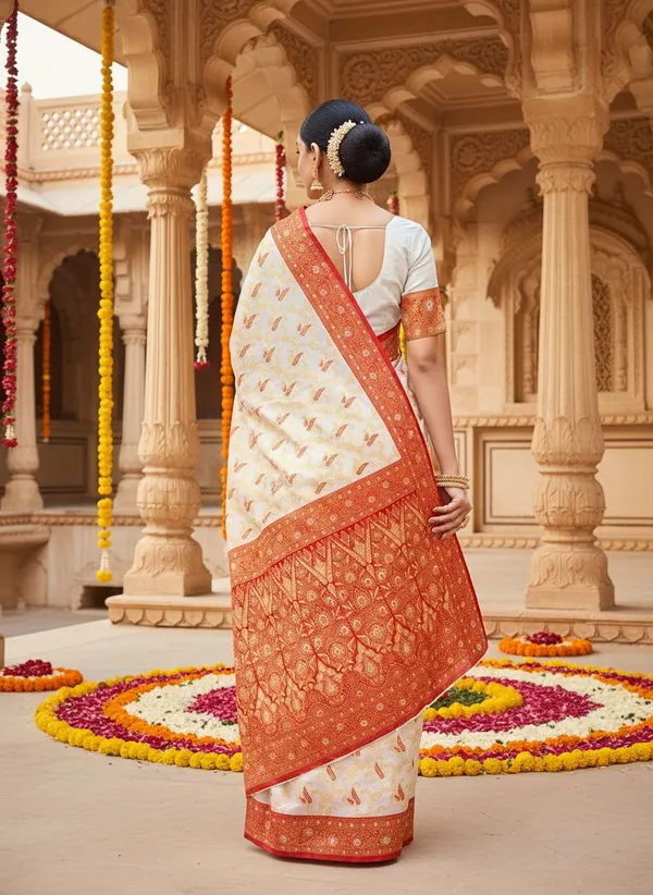 White_Red_Kanjivaram_Silk_Blend_Jacquard_Woven_Saree_For_Women_|_With_Blouse_Piece