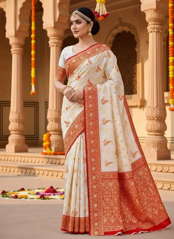White_Red_Kanjivaram_Silk_Blend_Jacquard_Woven_Saree_For_Women_|_With_Blouse_Piece