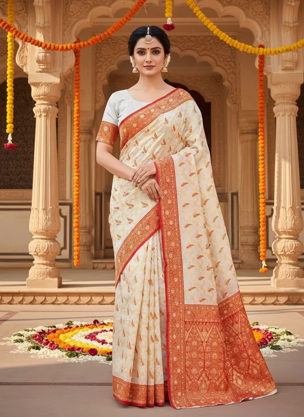 White_Red_Kanjivaram_Silk_Blend_Jacquard_Woven_Saree_For_Women_|_With_Blouse_Piece