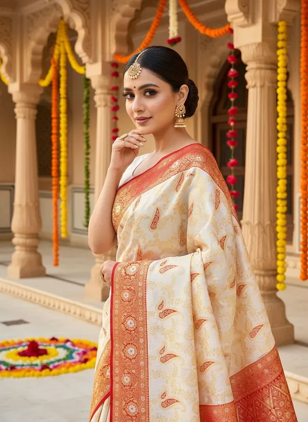 White_Red_Kanjivaram_Silk_Blend_Jacquard_Woven_Saree_For_Women_|_With_Blouse_Piece