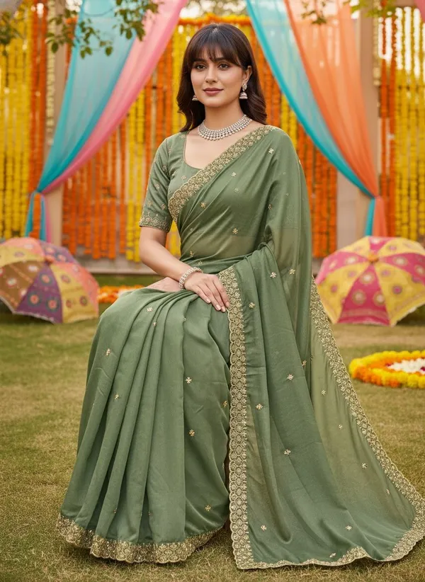 Olive_Georgette_Embroidered_Bead_Work_Zari_Border_Saree_For_Women_|_With_Blouse_Piece