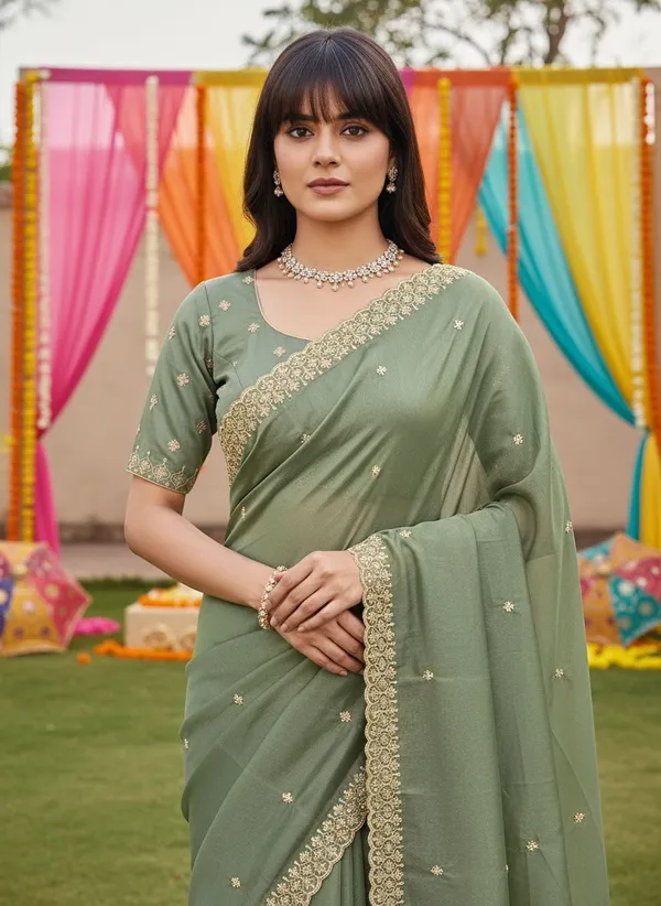 Olive_Georgette_Embroidered_Bead_Work_Zari_Border_Saree_For_Women_|_With_Blouse_Piece