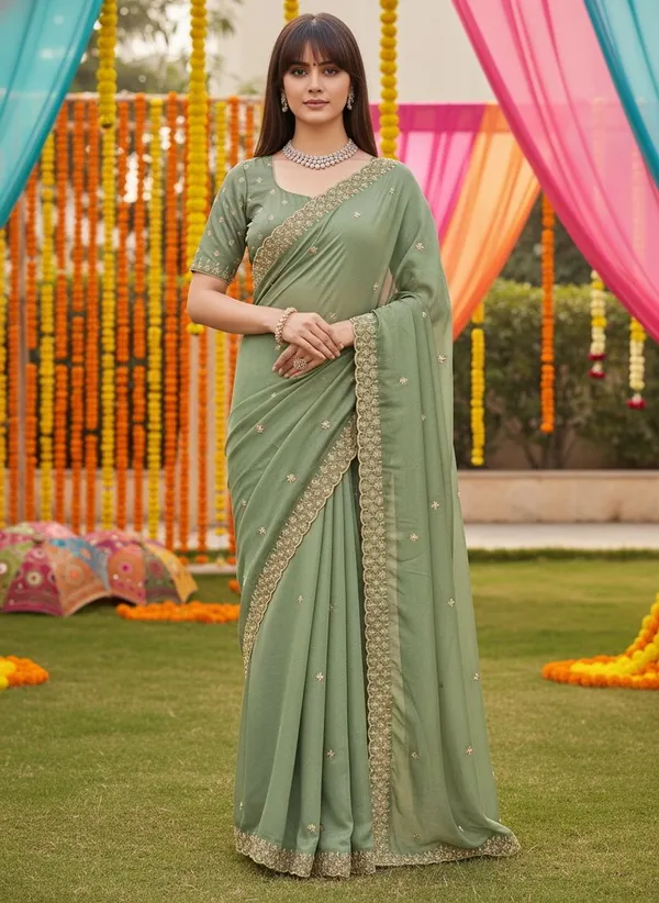 Olive_Georgette_Embroidered_Bead_Work_Zari_Border_Saree_For_Women_|_With_Blouse_Piece