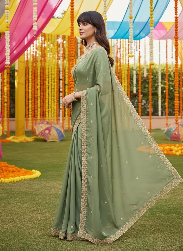 Olive_Georgette_Embroidered_Bead_Work_Zari_Border_Saree_For_Women_|_With_Blouse_Piece