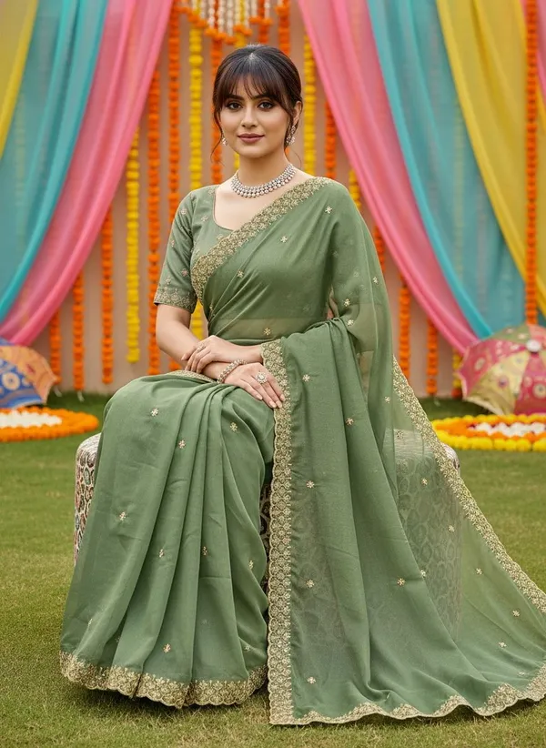 Olive_Georgette_Embroidered_Bead_Work_Zari_Border_Saree_For_Women_|_With_Blouse_Piece
