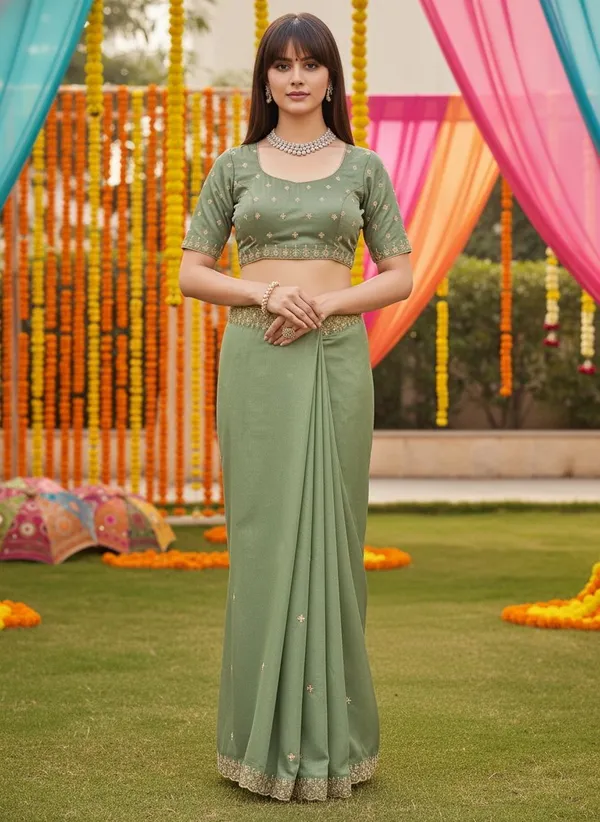 Olive_Georgette_Embroidered_Bead_Work_Zari_Border_Saree_For_Women_|_With_Blouse_Piece