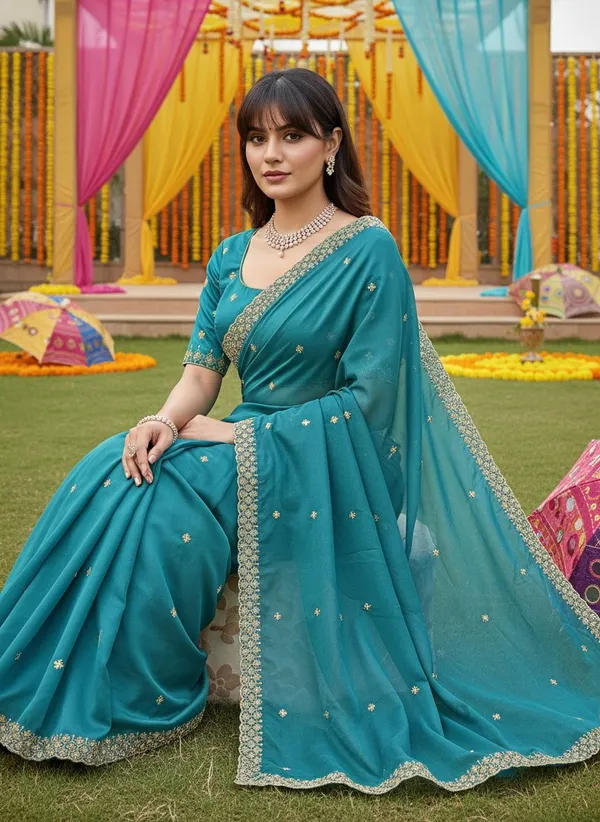 Teal_Georgette_Embroidered_Zari_Scalloped_Border_Saree_For_Women_|_With_Blouse_Piece