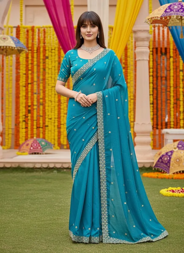 Teal_Georgette_Embroidered_Zari_Scalloped_Border_Saree_For_Women_|_With_Blouse_Piece