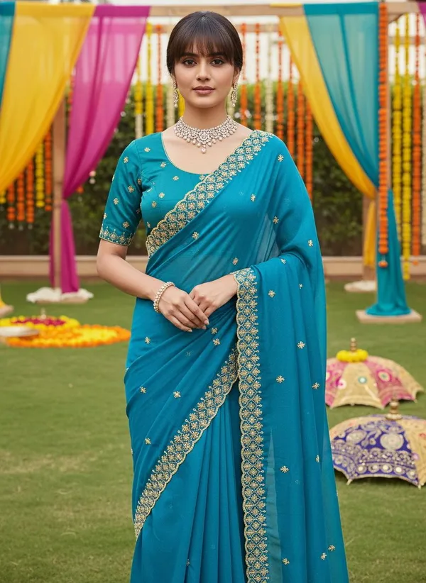Teal_Georgette_Embroidered_Zari_Scalloped_Border_Saree_For_Women_|_With_Blouse_Piece