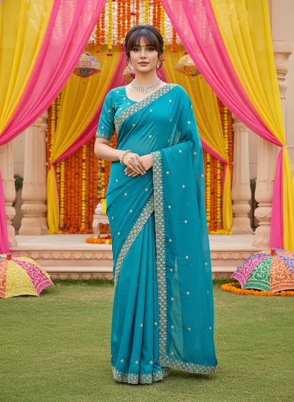 Teal_Georgette_Embroidered_Zari_Scalloped_Border_Saree_For_Women_|_With_Blouse_Piece