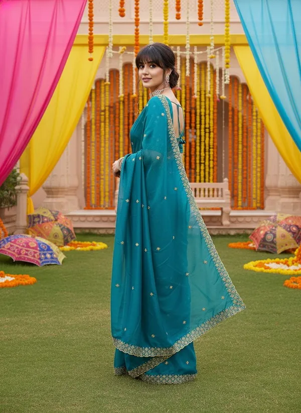 Teal_Georgette_Embroidered_Zari_Scalloped_Border_Saree_For_Women_|_With_Blouse_Piece