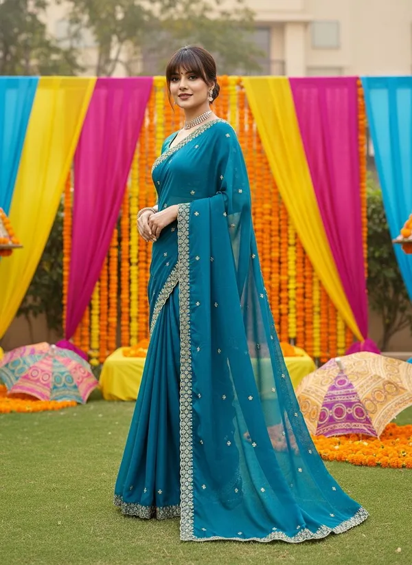 Teal_Georgette_Embroidered_Zari_Scalloped_Border_Saree_For_Women_|_With_Blouse_Piece