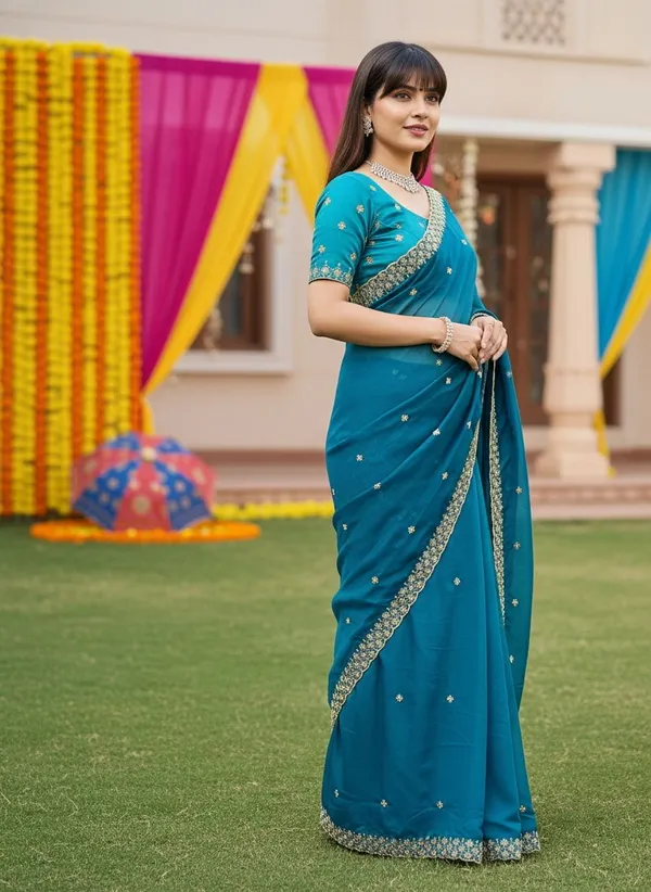Teal_Georgette_Embroidered_Zari_Scalloped_Border_Saree_For_Women_|_With_Blouse_Piece