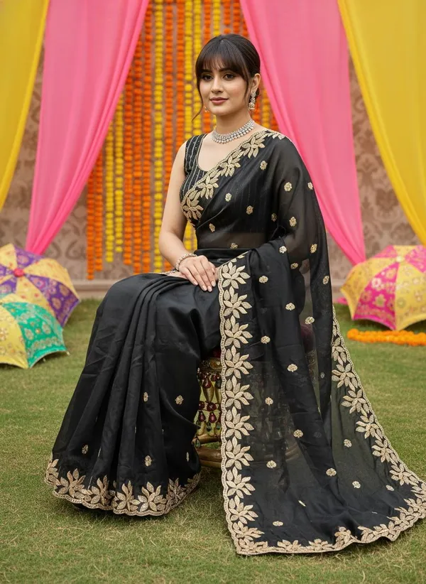 Black_Satin_Silk_Sequin_Floral_Embroidered_Bollywood_Saree_For_Women_|_With_Blouse_Piece