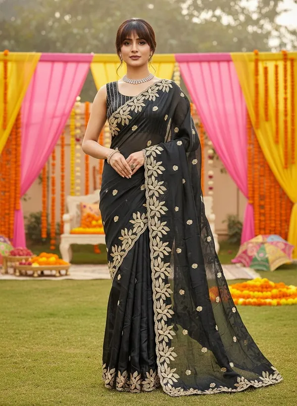 Black_Satin_Silk_Sequin_Floral_Embroidered_Bollywood_Saree_For_Women_|_With_Blouse_Piece