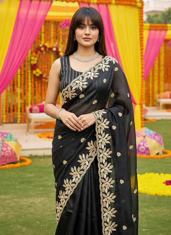 Black_Satin_Silk_Sequin_Floral_Embroidered_Bollywood_Saree_For_Women_|_With_Blouse_Piece