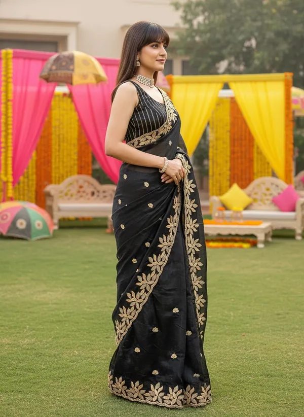 Black_Satin_Silk_Sequin_Floral_Embroidered_Bollywood_Saree_For_Women_|_With_Blouse_Piece