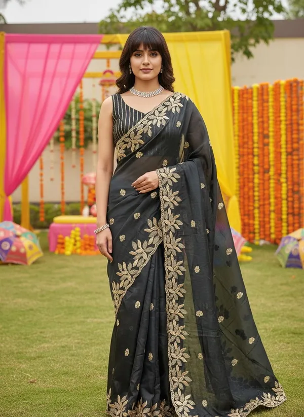 Black_Satin_Silk_Sequin_Floral_Embroidered_Bollywood_Saree_For_Women_|_With_Blouse_Piece