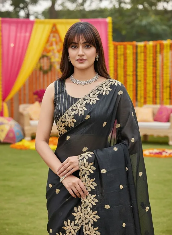 Black_Satin_Silk_Sequin_Floral_Embroidered_Bollywood_Saree_For_Women_|_With_Blouse_Piece