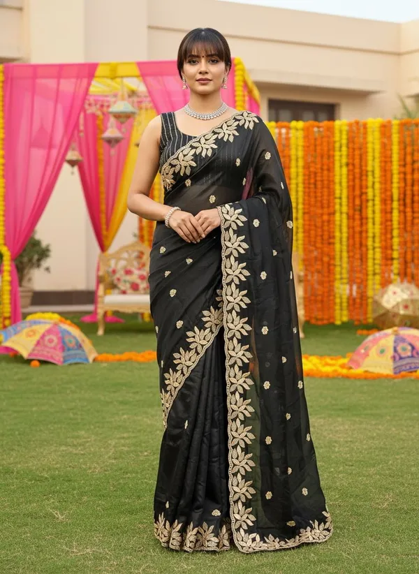 Black_Satin_Silk_Sequin_Floral_Embroidered_Bollywood_Saree_For_Women_|_With_Blouse_Piece