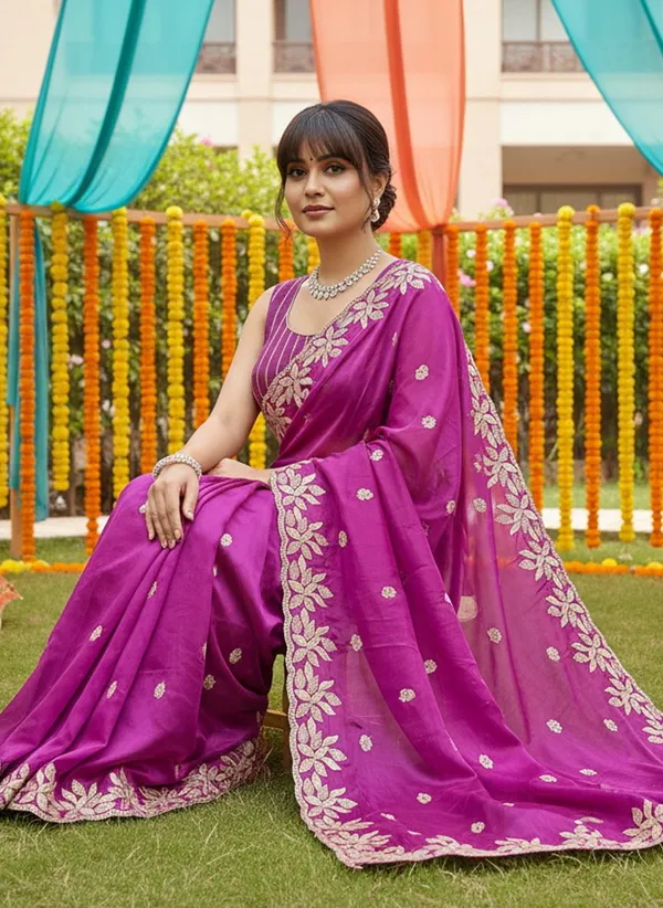 Magenta_Satin_Silk_Blend_Sequence_Embroidered_Floral_Saree_For_Women_|_With_Blouse_Piece