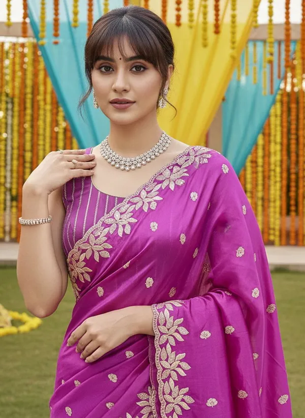Magenta_Satin_Silk_Blend_Sequence_Embroidered_Floral_Saree_For_Women_|_With_Blouse_Piece