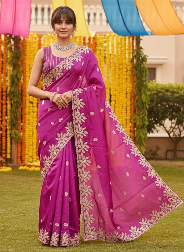 Magenta_Satin_Silk_Blend_Sequence_Embroidered_Floral_Saree_For_Women_|_With_Blouse_Piece