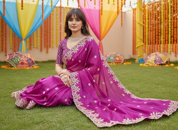 Magenta_Satin_Silk_Blend_Sequence_Embroidered_Floral_Saree_For_Women_|_With_Blouse_Piece