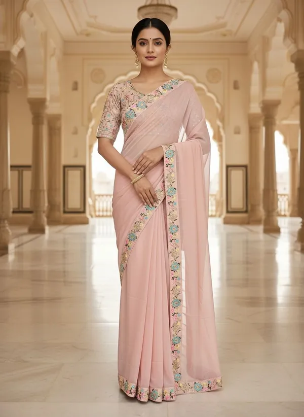 Peach_Georgette_Embroidered_Embellished_Bollywood_Saree_For_Women_|_With_Blouse_Piece
