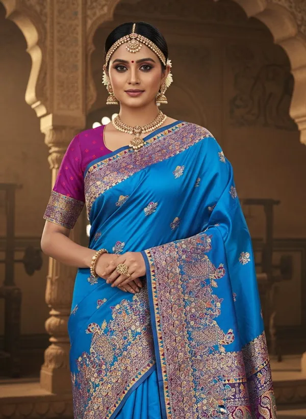 Blue_Kanjivaram_Pure_Silk_Jacquard_Zari_Saree_For_Women_|_With_Blouse_Piece