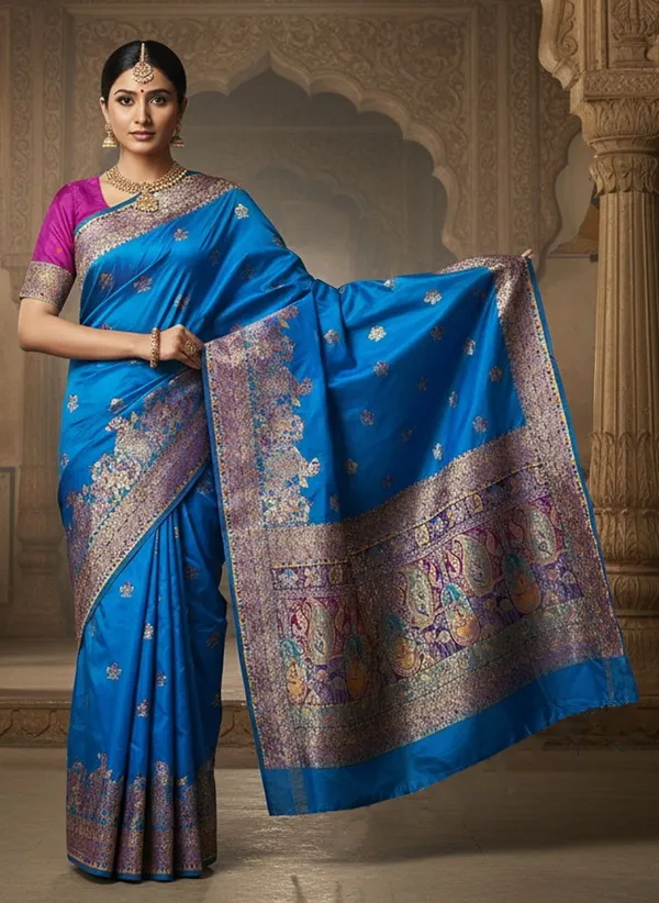 Blue_Kanjivaram_Pure_Silk_Jacquard_Zari_Saree_For_Women_|_With_Blouse_Piece