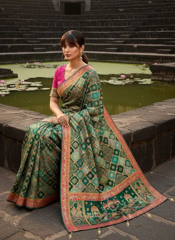 Green_Banarasi_Pure_Silk_Jacquard_Bandhani_Printed_Saree_For_Women_|_With_Blouse_Piece