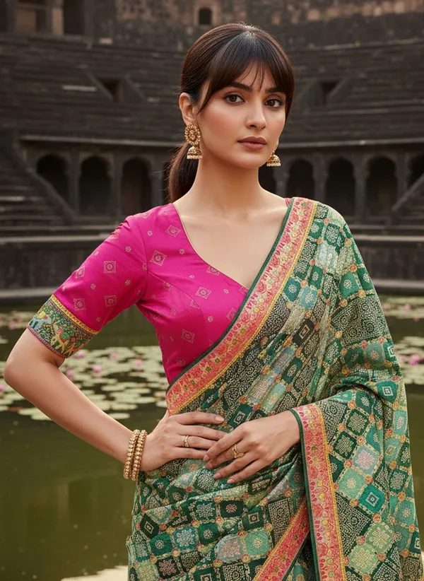 Green_Banarasi_Pure_Silk_Jacquard_Bandhani_Printed_Saree_For_Women_|_With_Blouse_Piece