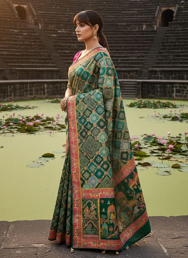 Green_Banarasi_Pure_Silk_Jacquard_Bandhani_Printed_Saree_For_Women_|_With_Blouse_Piece