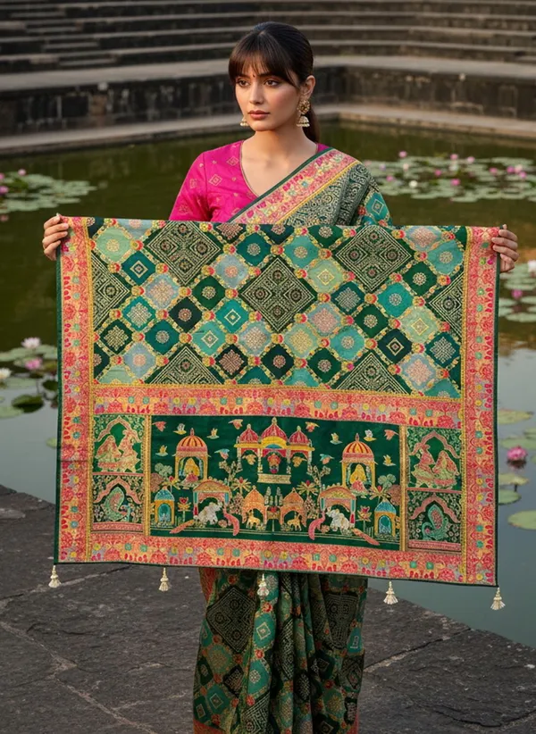 Green_Banarasi_Pure_Silk_Jacquard_Bandhani_Printed_Saree_For_Women_|_With_Blouse_Piece