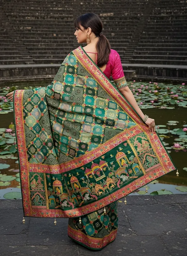 Green_Banarasi_Pure_Silk_Jacquard_Bandhani_Printed_Saree_For_Women_|_With_Blouse_Piece