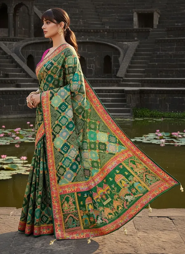 Green_Banarasi_Pure_Silk_Jacquard_Bandhani_Printed_Saree_For_Women_|_With_Blouse_Piece