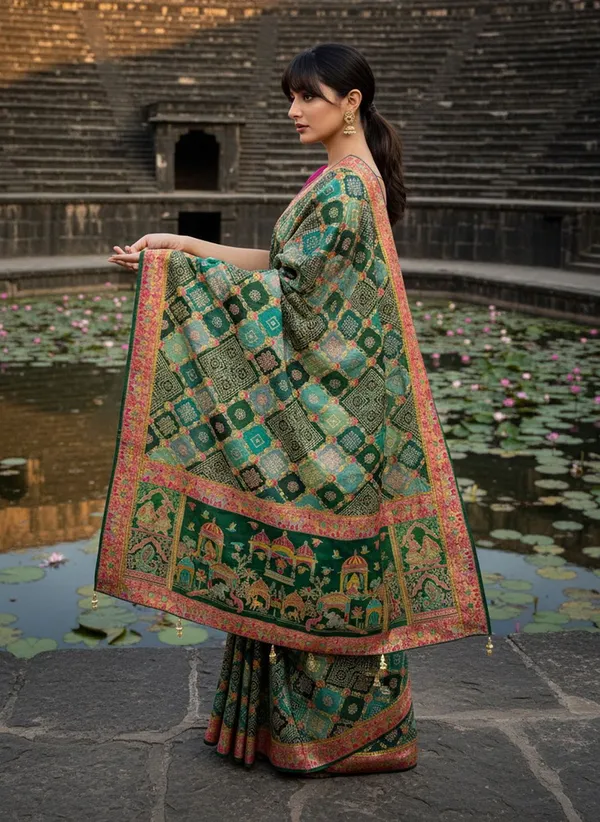 Green_Banarasi_Pure_Silk_Jacquard_Bandhani_Printed_Saree_For_Women_|_With_Blouse_Piece